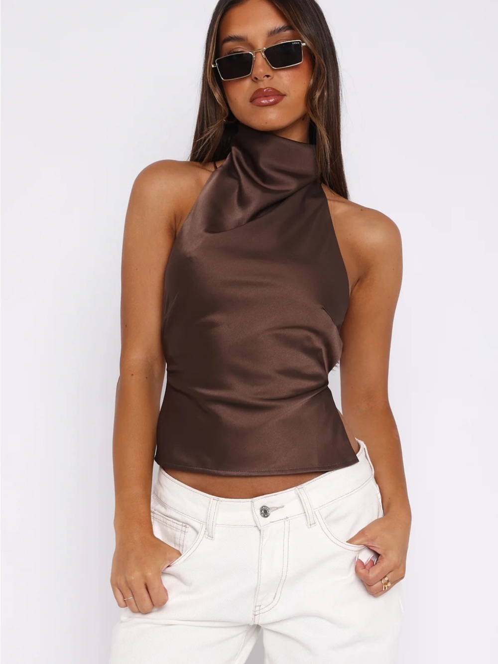 White Fox Boutique Brown Satin High Neck Tank